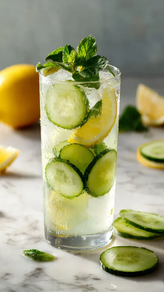 A refreshing glass of fresh cucumber lemonade with ice, cucumber slices, and mint garnish on a marble surface