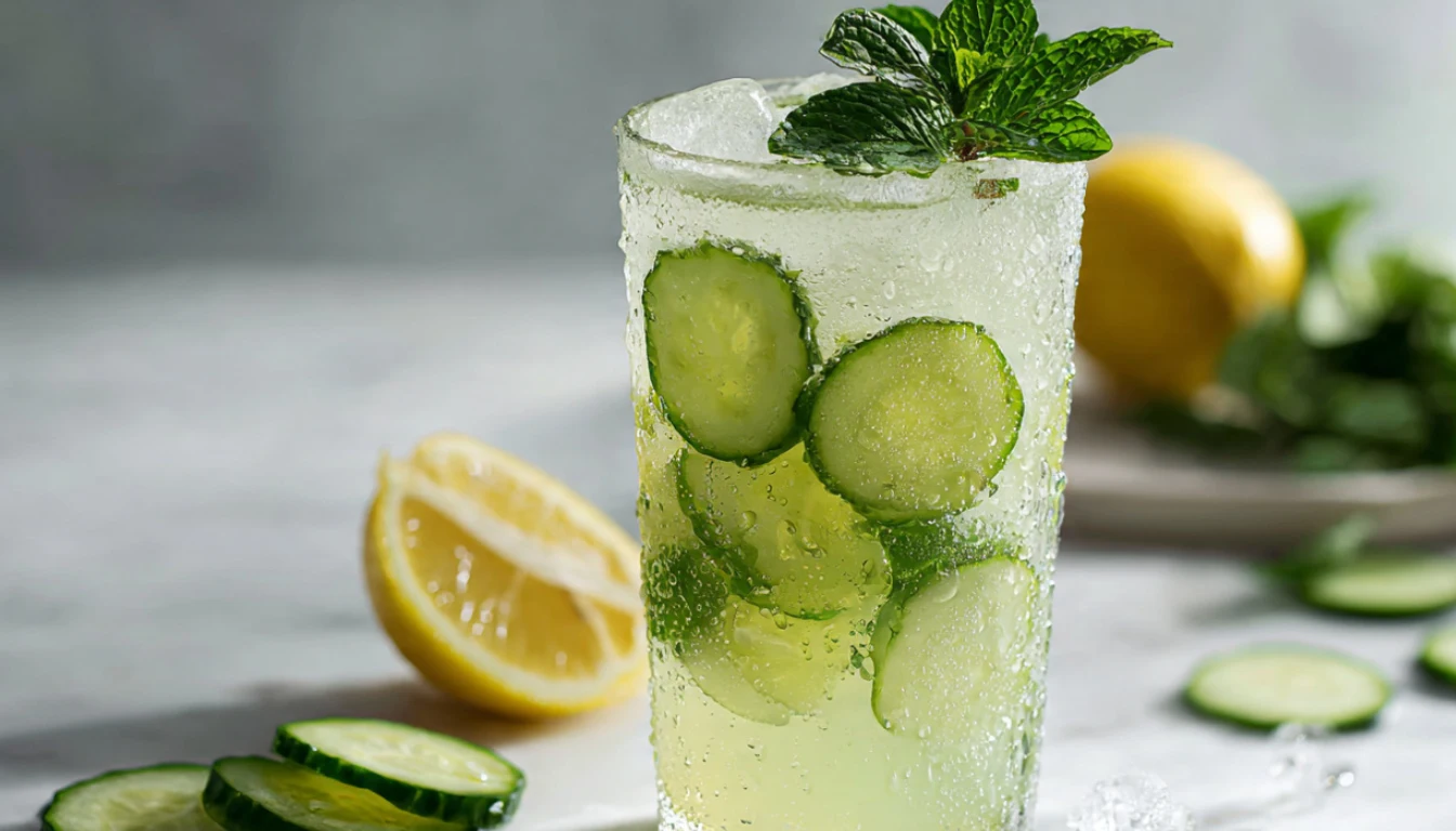 A refreshing glass of fresh cucumber lemonade with ice, cucumber slices, and mint garnish on a marble surface