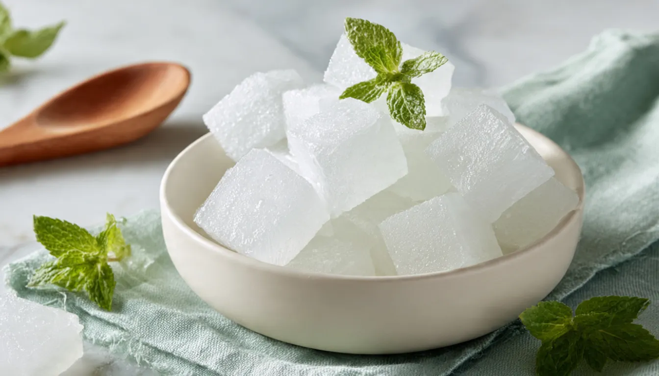 Pre-meal gelatin cubes arranged in bowl, a simple appetite control strategy for satisfying 400-calorie dinners and weight loss