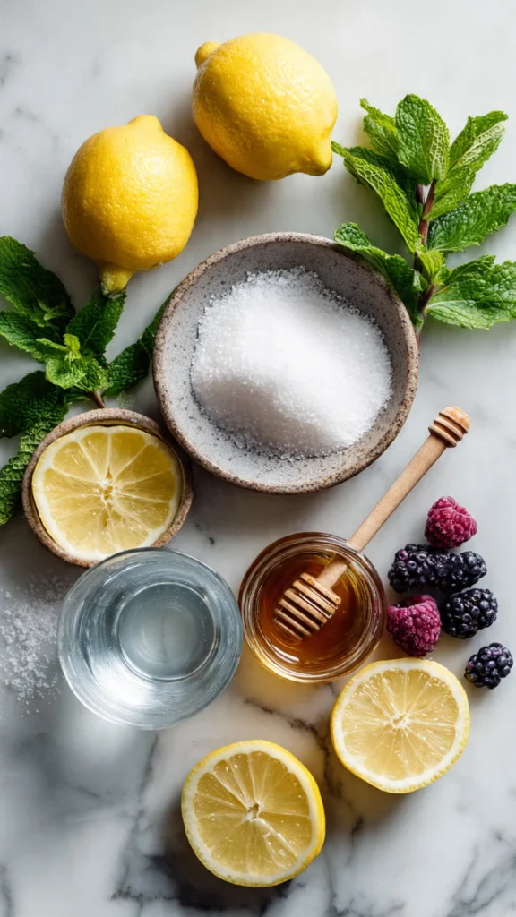 Ingredients for lemon honey gelatin including gelatin powder, fresh lemons, raw honey, and mint