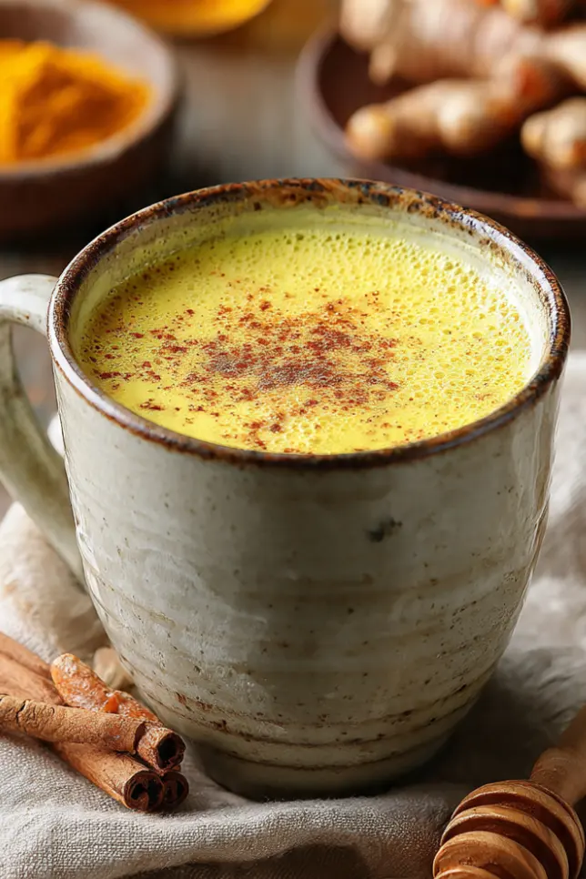 Golden turmeric milk in a ceramic mug with cinnamon sprinkled on top, surrounded by fresh turmeric root and spices on a wooden table