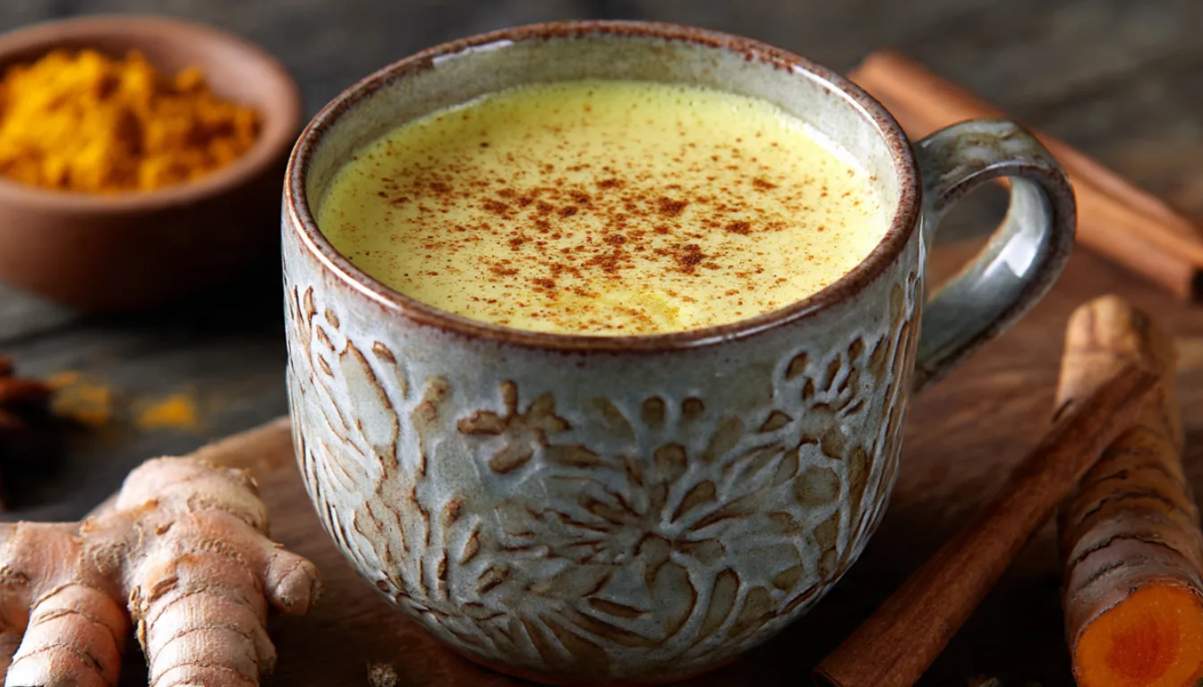 Golden turmeric milk in a ceramic mug with cinnamon sprinkled on top, surrounded by fresh turmeric root and spices on a wooden table