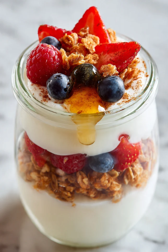 Layered Greek yogurt parfait in a glass jar with fresh berries, granola, and honey drizzle