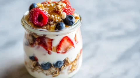 Layered Greek yogurt parfait in a glass jar with fresh berries, granola, and honey drizzle