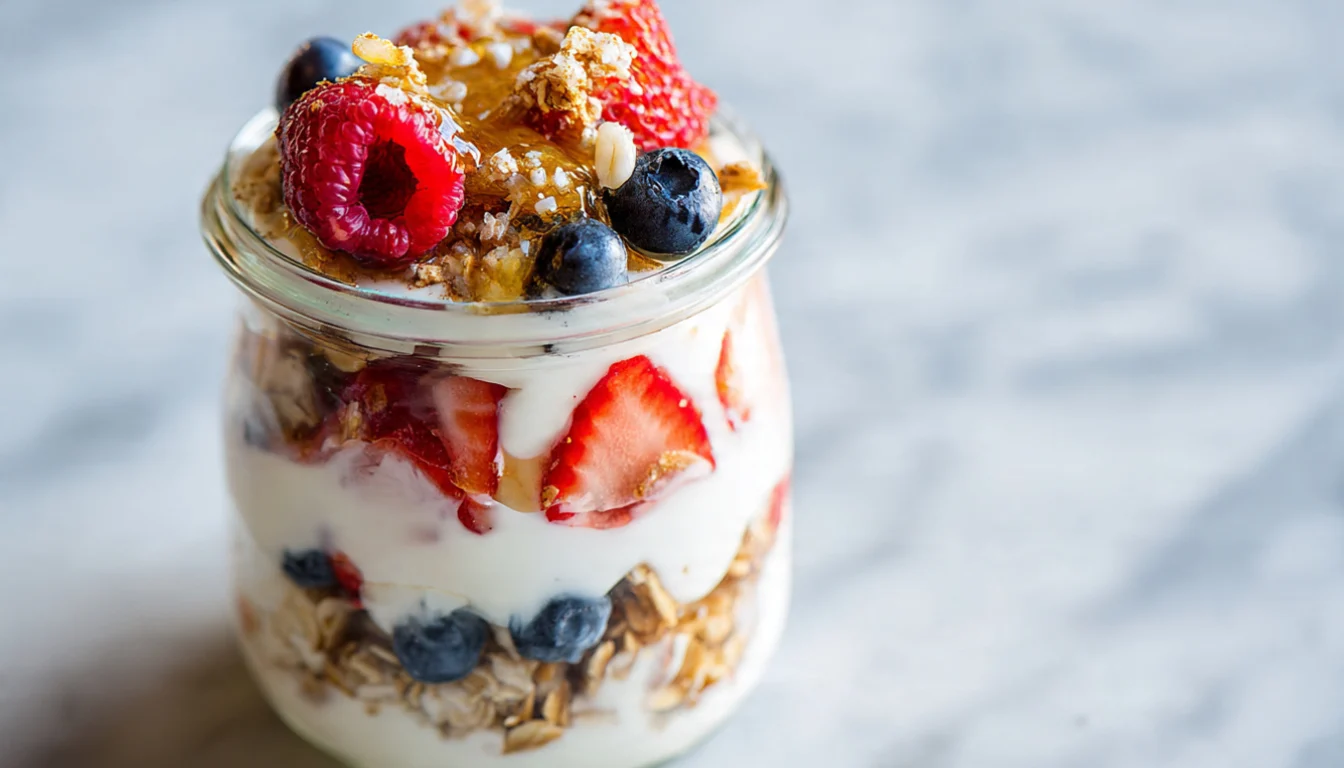 Layered Greek yogurt parfait in a glass jar with fresh berries, granola, and honey drizzle