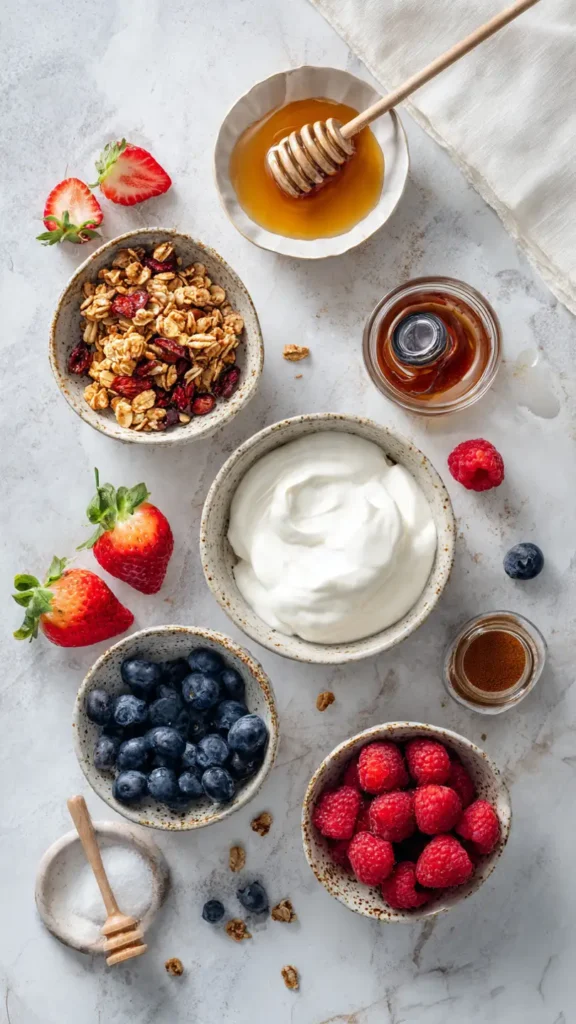 Flat lay of Greek yogurt parfait ingredients including yogurt, mixed berries, granola, and honey