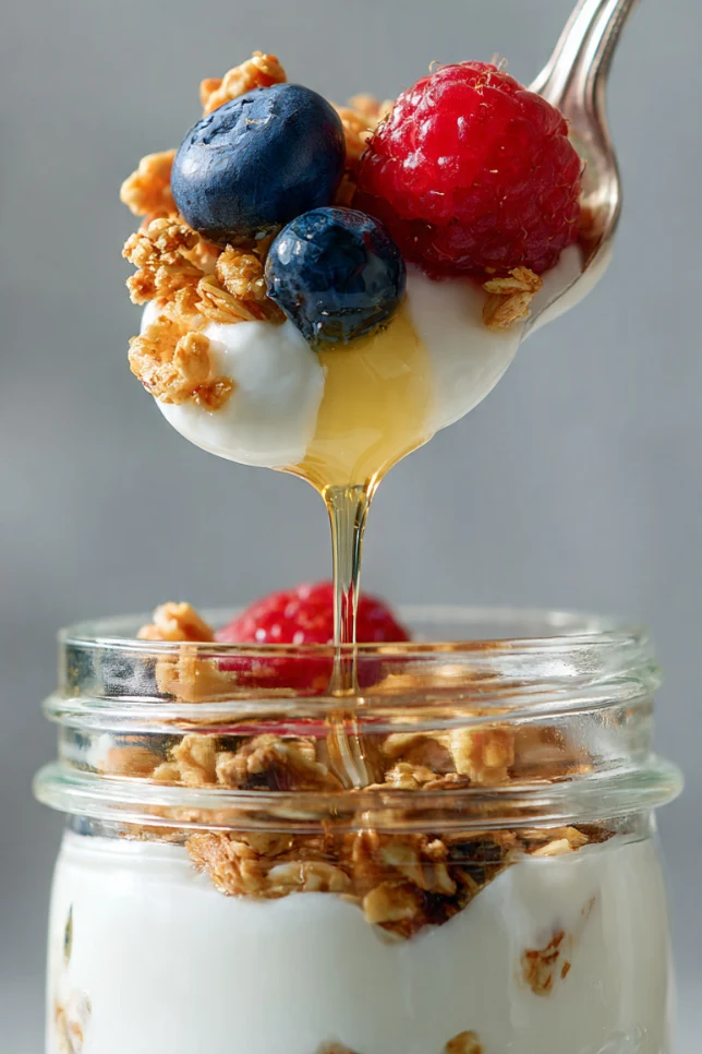 Close-up of a spoonful of Greek yogurt parfait showing creamy yogurt, fresh berries, and crunchy granola