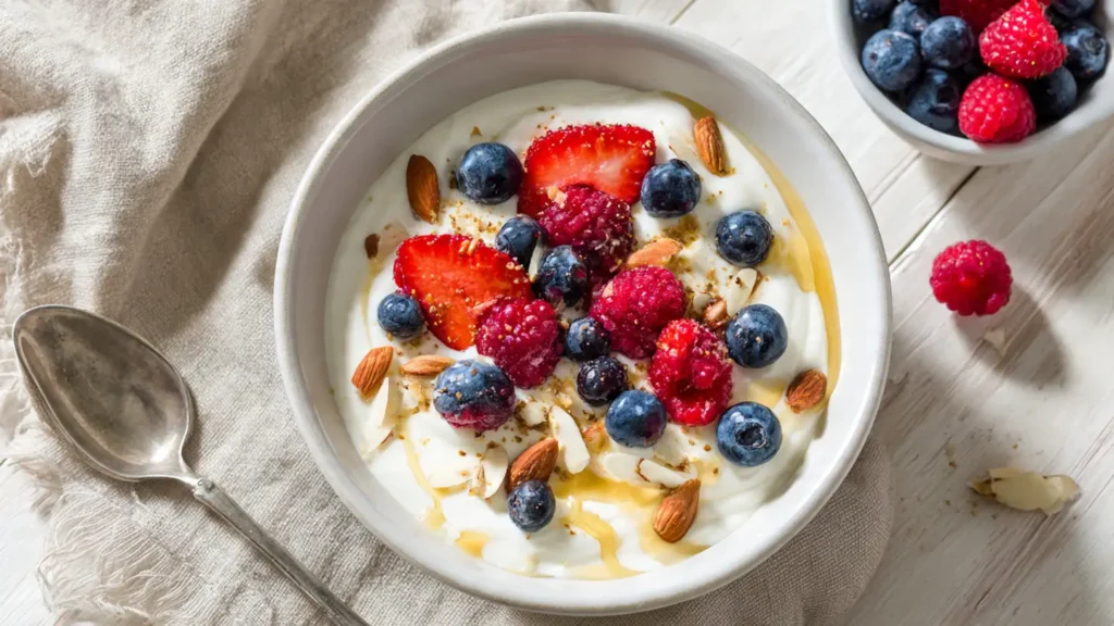 Greek yogurt protein bowl topped with fresh berries, honey drizzle, and chopped almonds in a white ceramic bowl