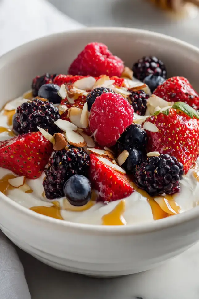 Greek yogurt protein bowl topped with fresh berries, honey drizzle, and chopped almonds in a white ceramic bowl
