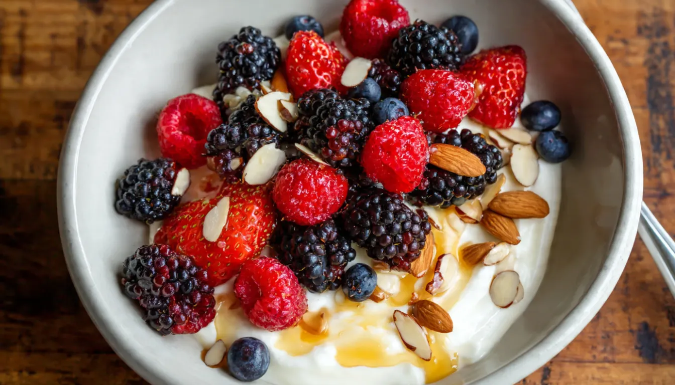 Greek yogurt protein bowl topped with fresh berries, honey drizzle, and chopped almonds in a white ceramic bowl