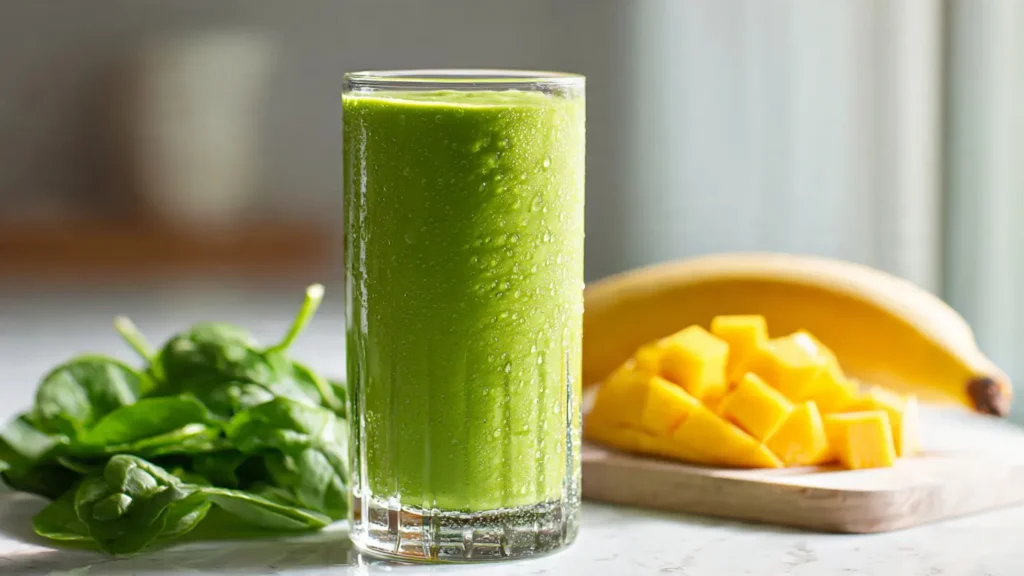 Creamy green smoothie made with spinach and mango in a tall glass with fresh ingredients nearby
