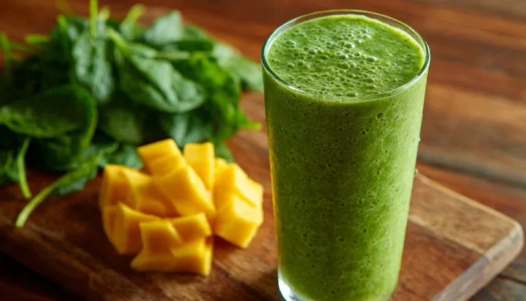 Green spinach mango smoothie in a tall glass with fresh spinach leaves and mango chunks on a wooden cutting board