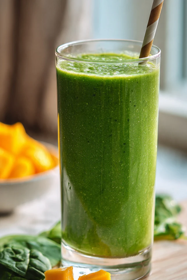 Green spinach mango smoothie in a tall glass with fresh spinach leaves and mango chunks on a wooden cutting board