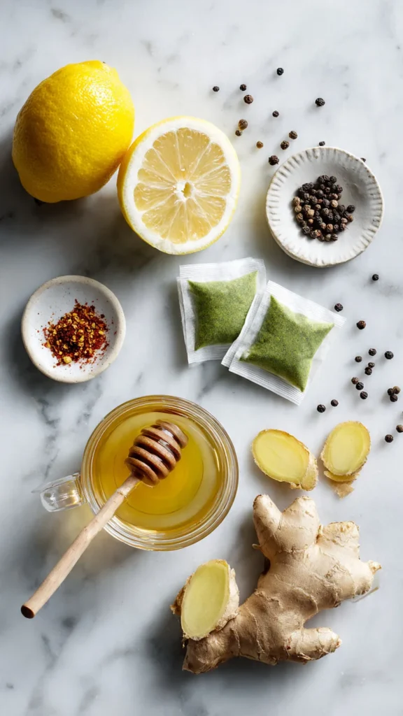 Flat lay of green tea metabolism booster ingredients including green tea bags, lemon, ginger, honey, and cayenne pepper