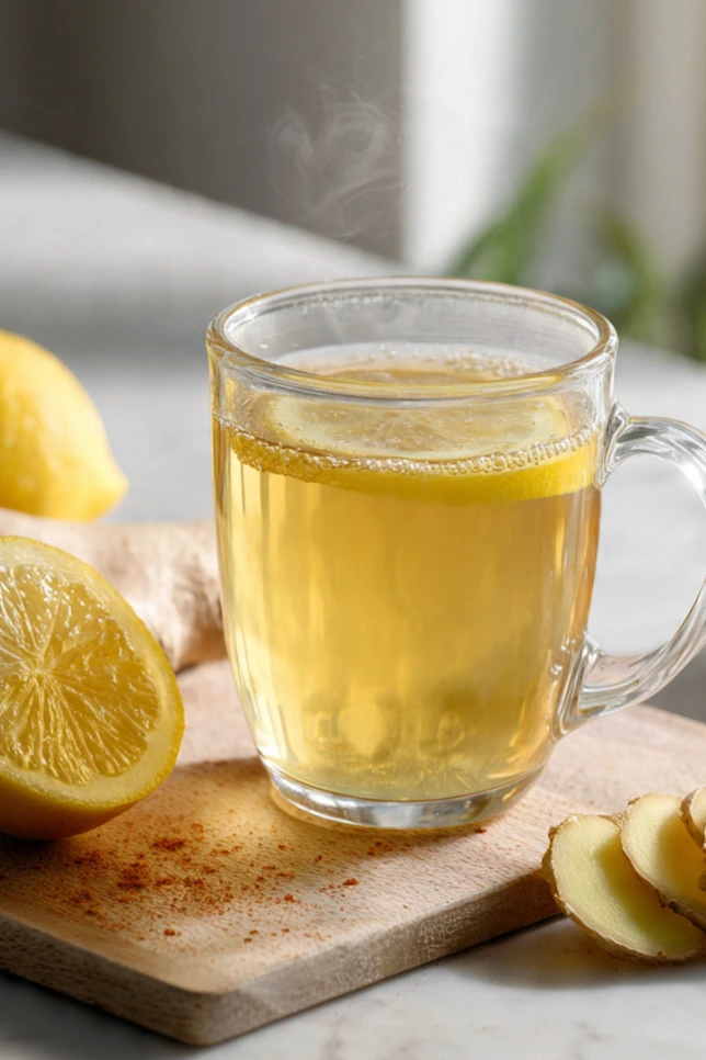 Glass mug of green tea metabolism booster with lemon slices and fresh ginger on wooden cutting board