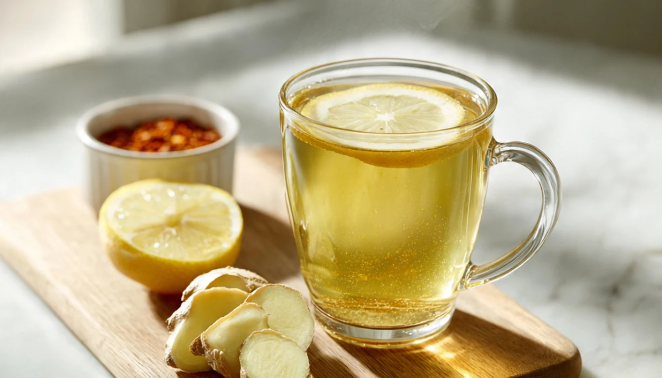 Glass mug of green tea metabolism booster with lemon slices and fresh ginger on wooden cutting board