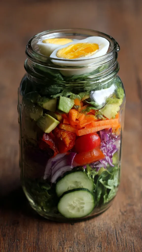 High-protein mason jar salad with visible layers of Greek yogurt dressing, cherry tomatoes, cucumber, grilled chicken, chickpeas, and fresh greens in a clear glass jar