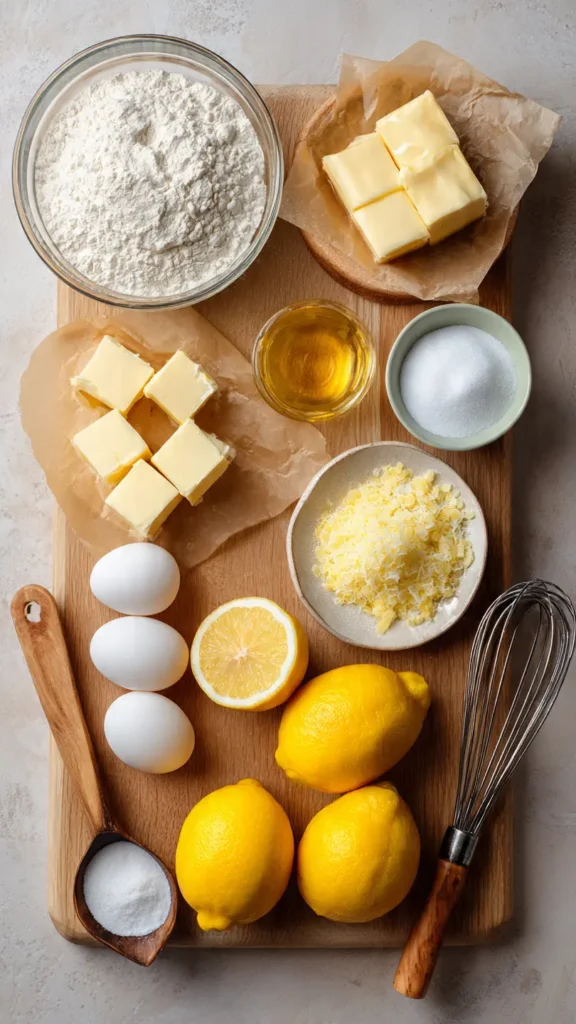 Fresh ingredients for lemon bars including butter, flour, eggs, fresh lemons, and sugar arranged on wooden cutting board