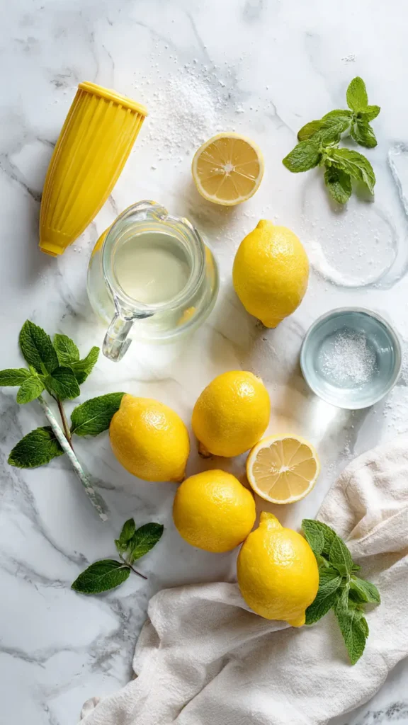 Lemon water ingredients arranged on white surface - lemons, water pitcher, citrus juicer