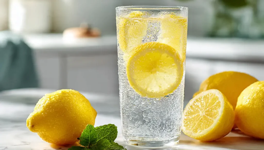 Glass of fresh lemon water on kitchen counter with whole lemons and mint leaves