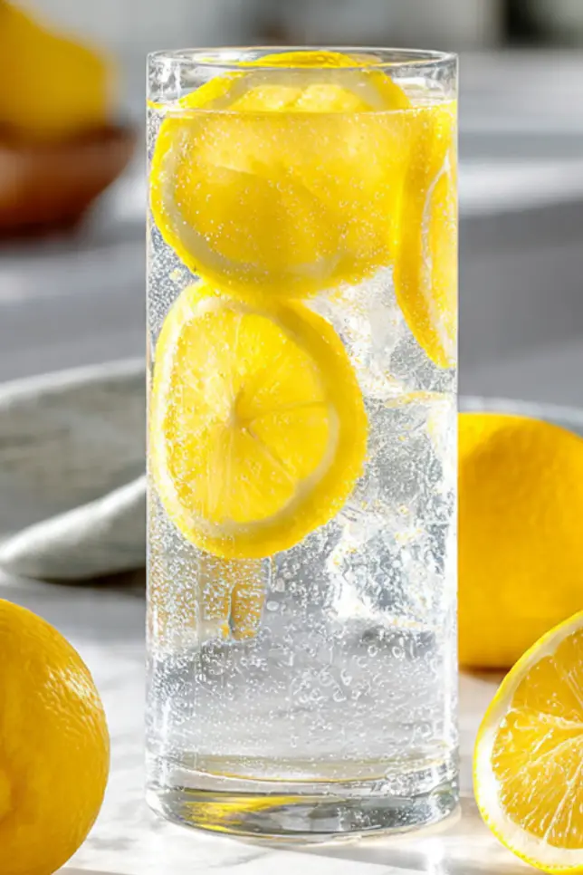 Glass of fresh lemon water on kitchen counter with whole lemons and mint leaves