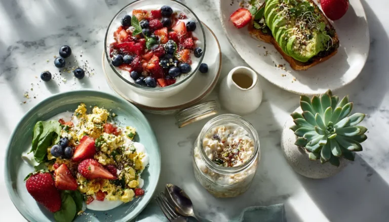Colorful array of healthy low-calorie breakfast options including Greek yogurt bowl, veggie scramble, and overnight oats