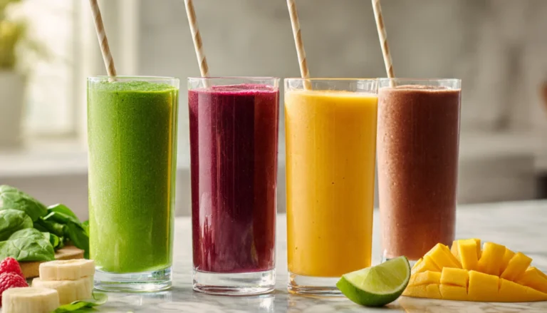 Four colorful low-calorie smoothies in clear glasses on marble countertop with fresh fruit and spinach