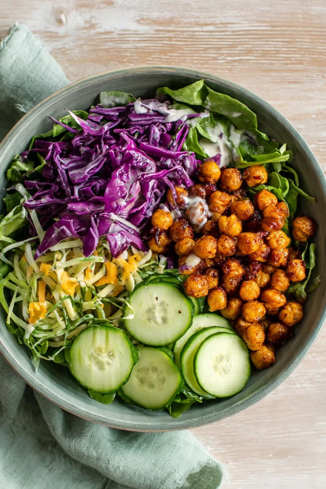 Colorful vegan Buddha bowl with roasted chickpeas, mixed greens, purple cabbage, and tahini dressing