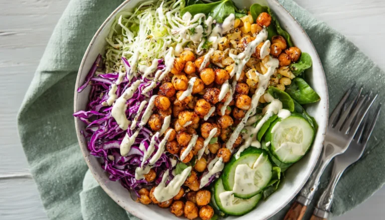 Colorful vegan Buddha bowl with roasted chickpeas, mixed greens, purple cabbage, and tahini dressing