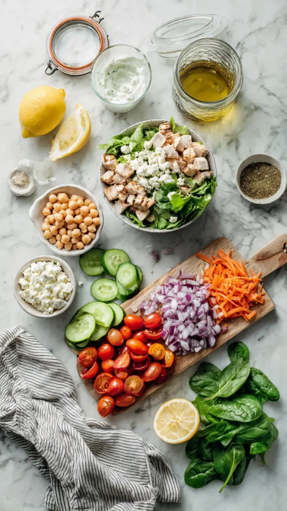 Overhead flat lay of mason jar salad ingredients including Greek yogurt, grilled chicken, chickpeas, fresh vegetables, and greens