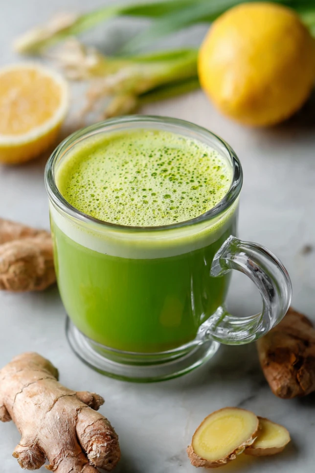 Bright green matcha ginger detox elixir in a glass mug with fresh ginger and lemon on a white marble countertop