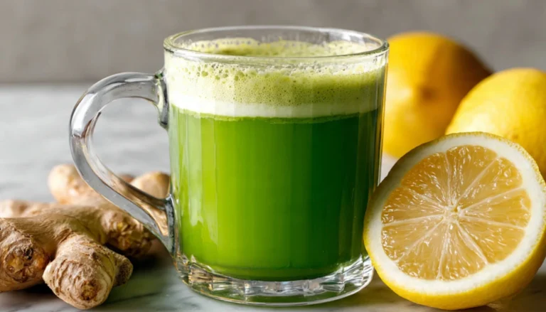 Bright green matcha ginger detox elixir in a glass mug with fresh ginger and lemon on a white marble countertop