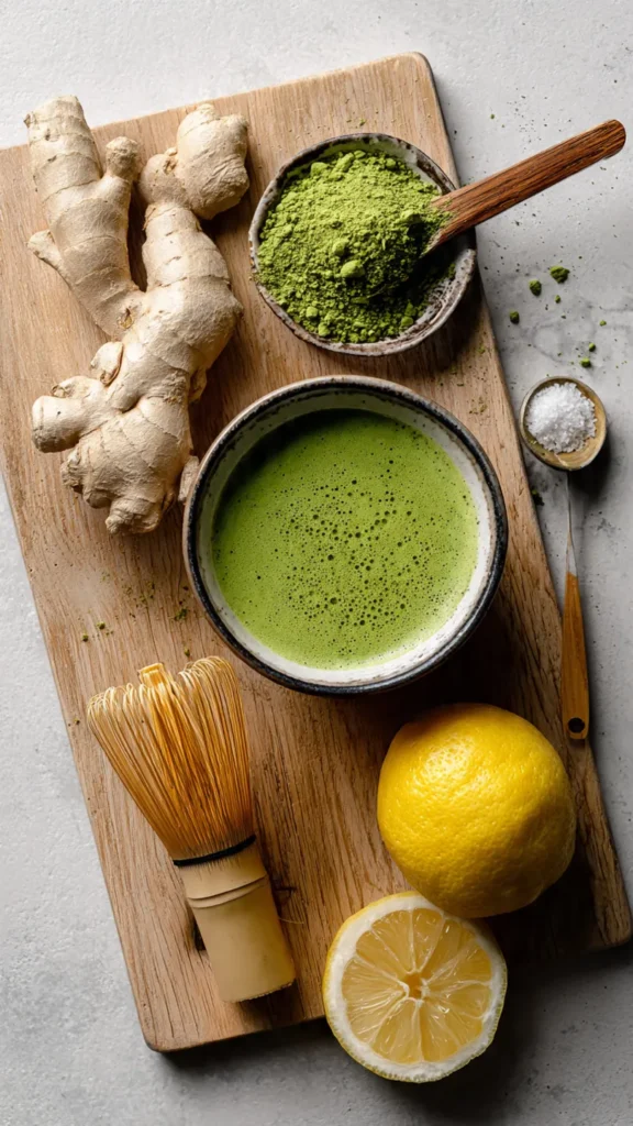Flat lay of matcha ginger detox elixir ingredients including matcha powder, fresh ginger, lemon, and bamboo whisk