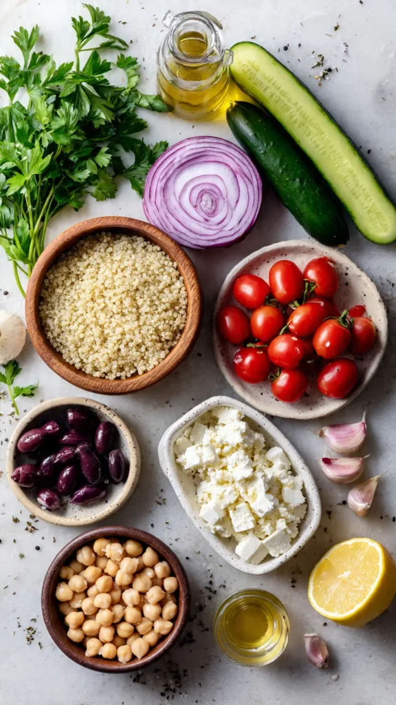 Ingredients for Mediterranean quinoa bowl including quinoa, chickpeas, cucumber, tomatoes, feta, and olive oil