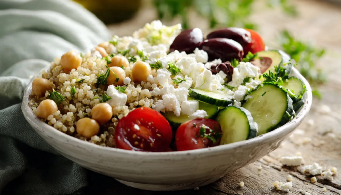 Mediterranean quinoa bowl with chickpeas, cucumber, tomatoes, olives, and feta cheese for weight loss