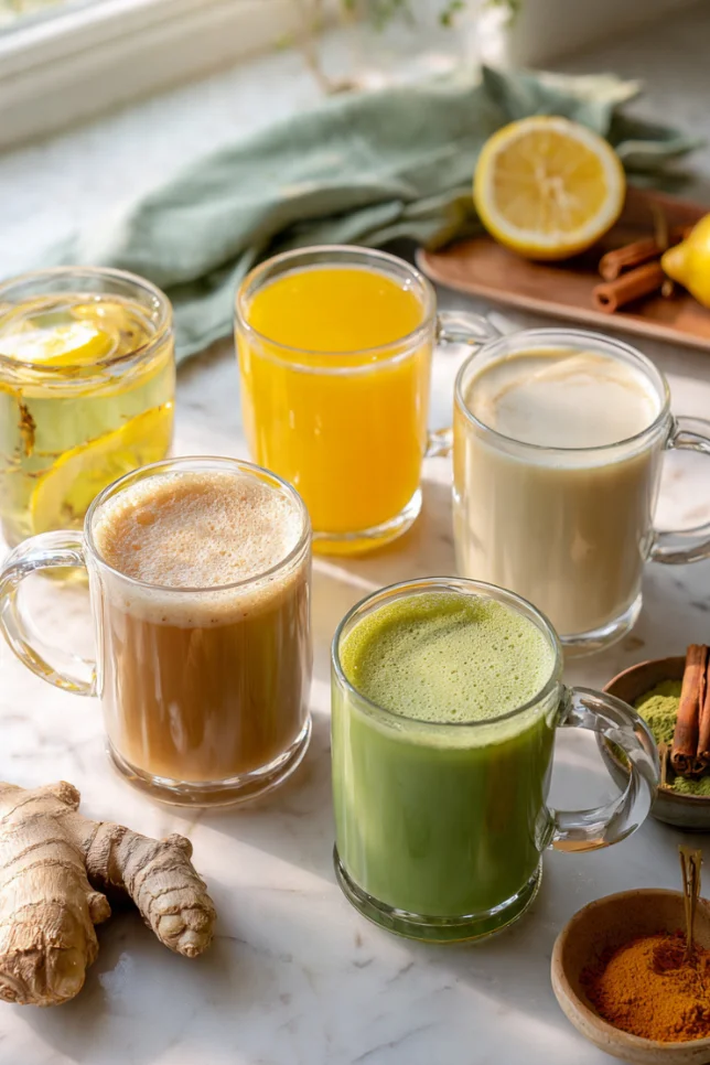 Five colorful metabolism-boosting morning drinks arranged on a white kitchen counter with fresh ingredients