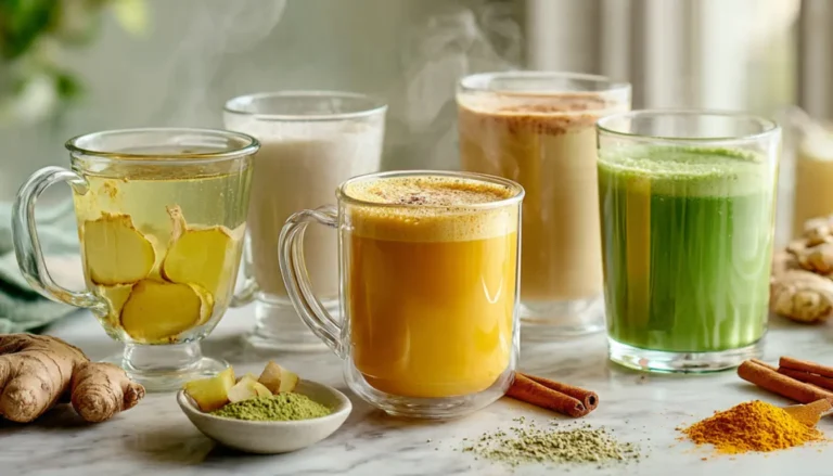 Five colorful metabolism-boosting morning drinks arranged on a white kitchen counter with fresh ingredients