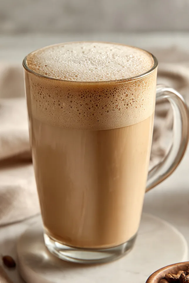 Creamy metabolism-boosting protein coffee in a clear glass mug with frothy top