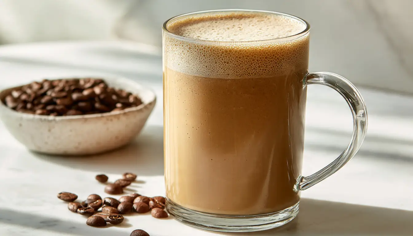 Creamy metabolism-boosting protein coffee in a clear glass mug with frothy top