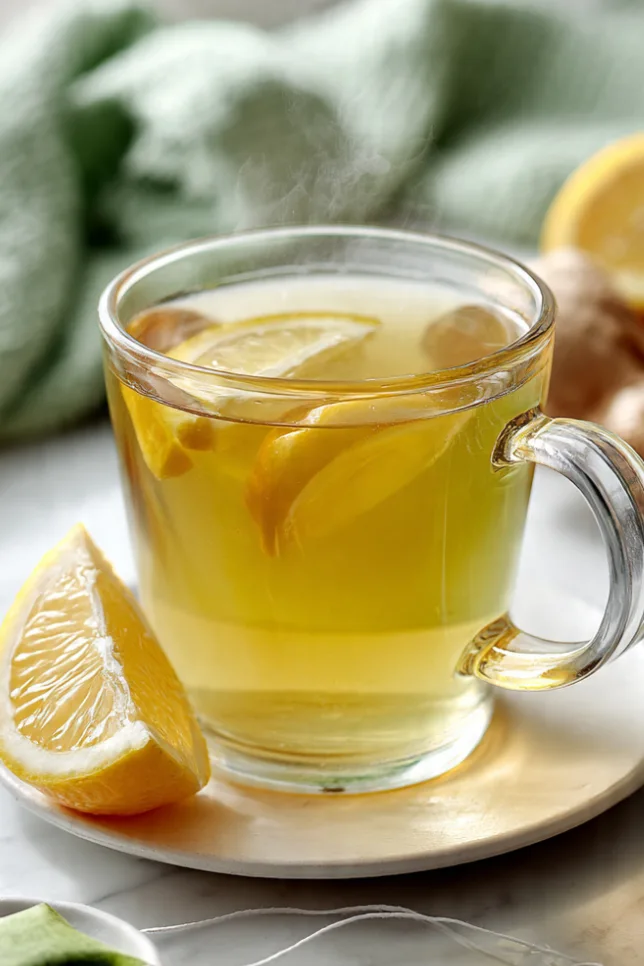 Metabolism-boosting tea in a clear glass mug with fresh ginger slices, lemon wedge, and green tea bag on a white marble counter