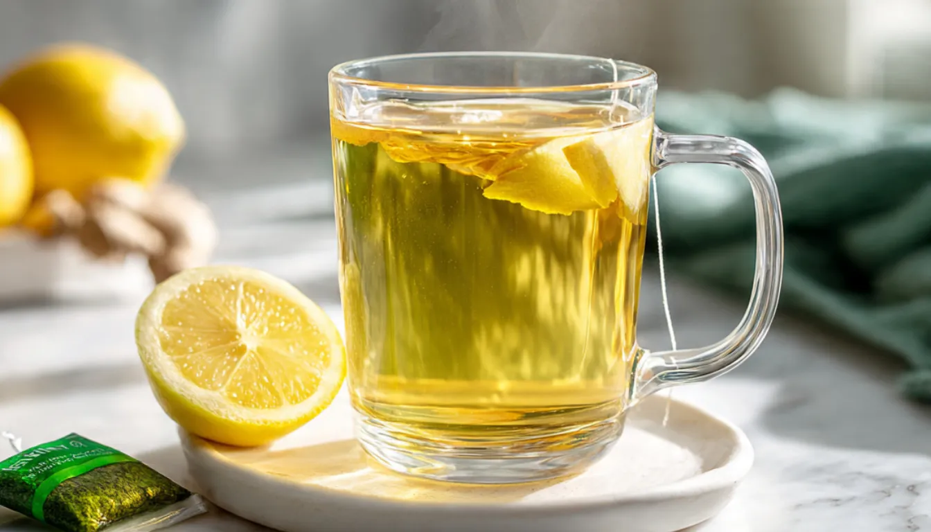 Metabolism-boosting tea in a clear glass mug with fresh ginger slices, lemon wedge, and green tea bag on a white marble counter