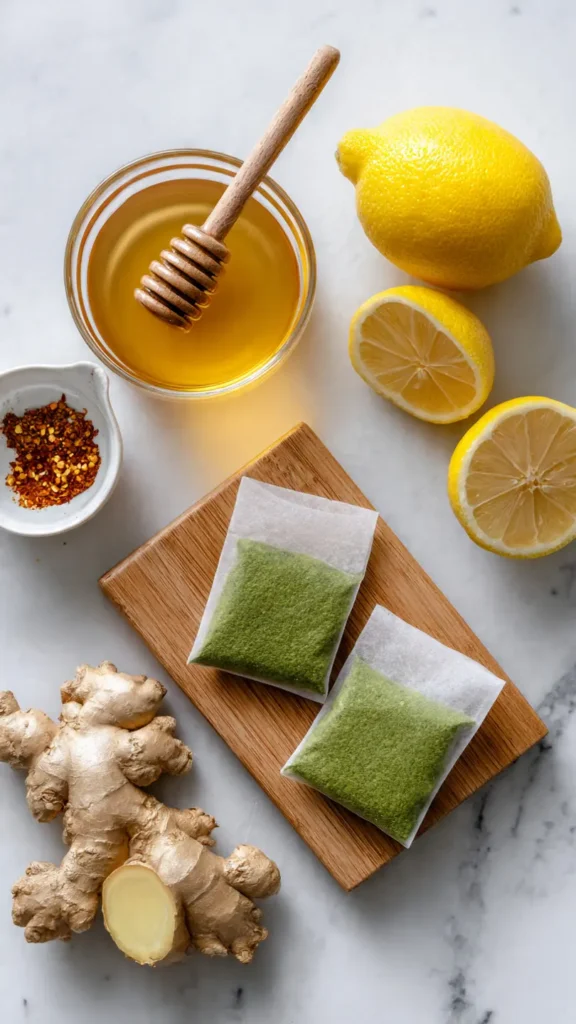 Ingredients for metabolism-boosting tea arranged on white marble including green tea bags, fresh ginger root, lemon, cayenne pepper, and honey