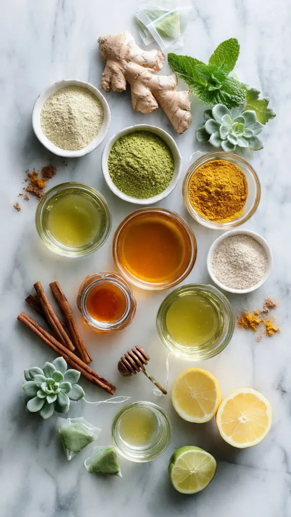 Flat lay of metabolism-boosting drink ingredients including matcha, turmeric, ginger, and protein powder