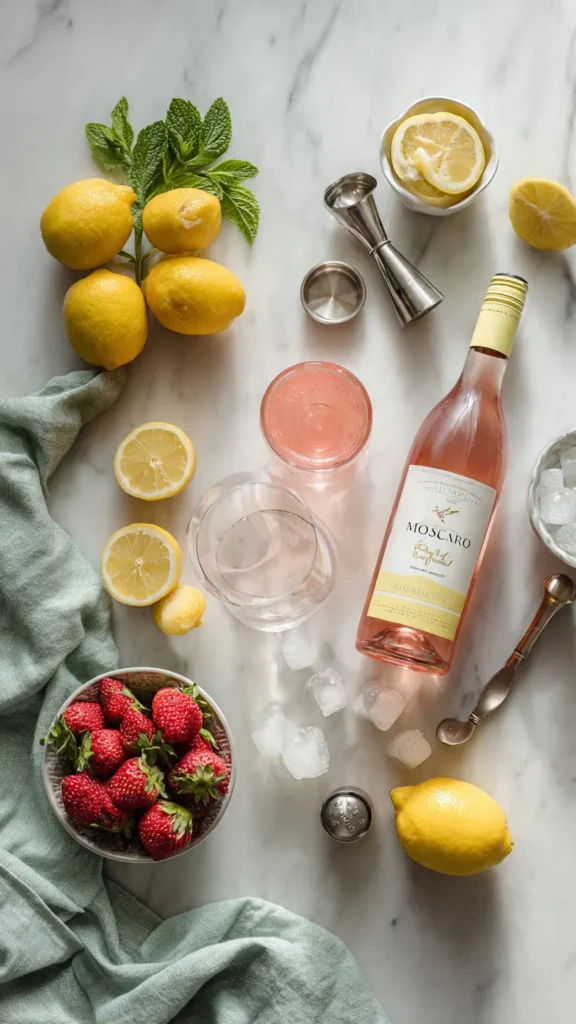 Overhead view of pink lemonade moscato cocktail ingredients arranged on marble surface