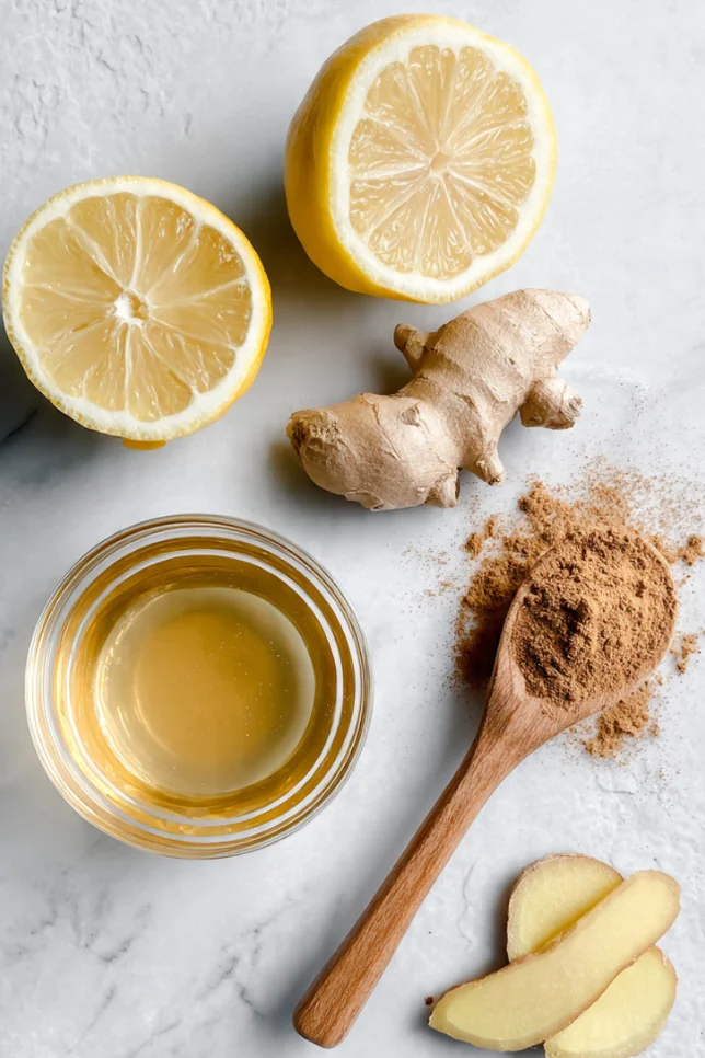 Four ingredients for natural Mounjaro recipe: apple cider vinegar, ginger, lemon, and cinnamon arranged on marble