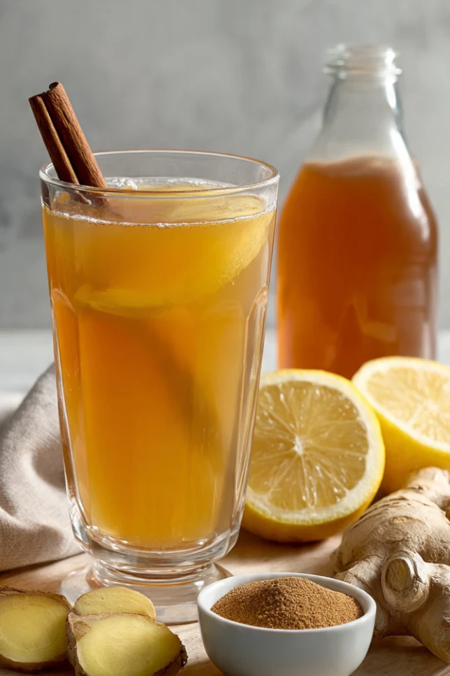 Natural Mounjaro drink with apple cider vinegar, ginger, lemon, and cinnamon in a clear glass