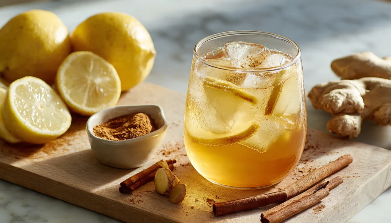 Natural Mounjaro drink with apple cider vinegar, ginger, lemon, and cinnamon in a clear glass
