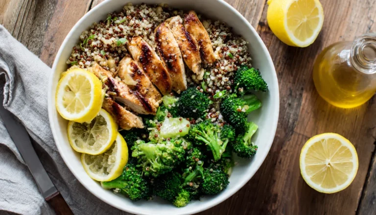 Blood sugar balance bowl with grilled chicken, quinoa, and roasted broccoli for natural weight loss
