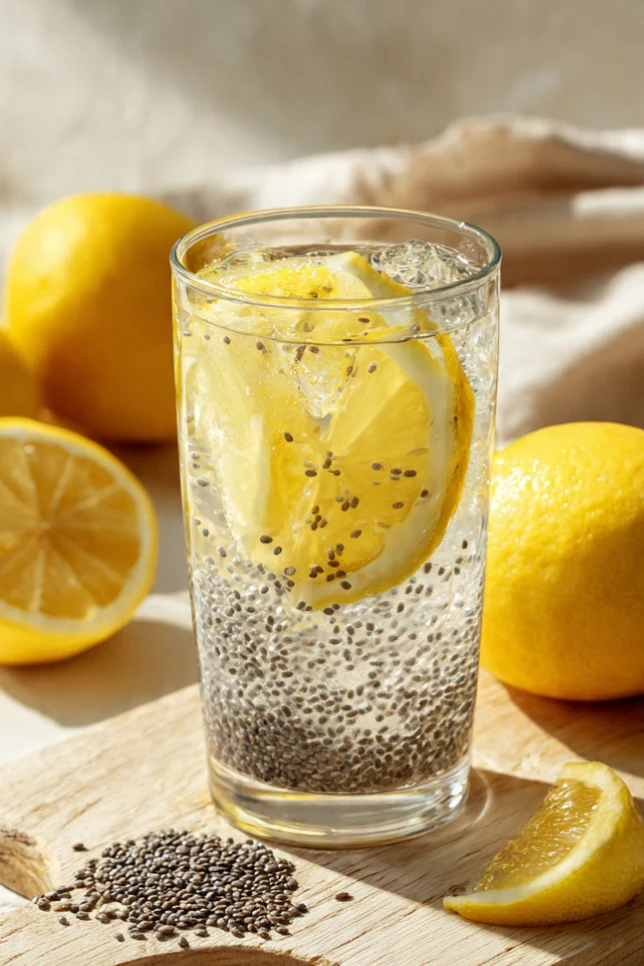Glass of chia seed satiety drink with lemon slice and visible chia gel, surrounded by fresh lemons on wooden board