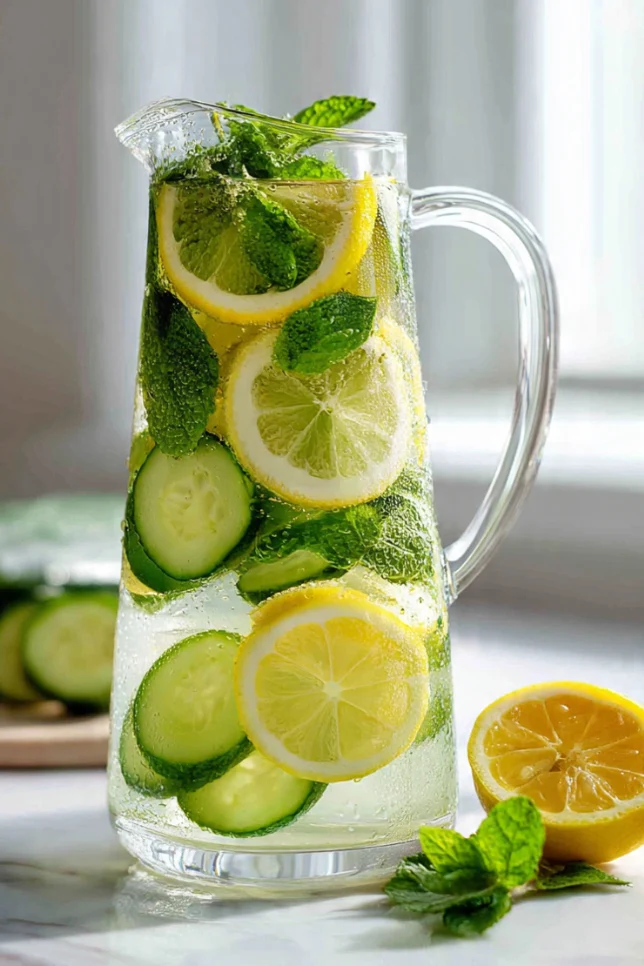 Glass pitcher of overnight cucumber mint lemon infused water on marble countertop